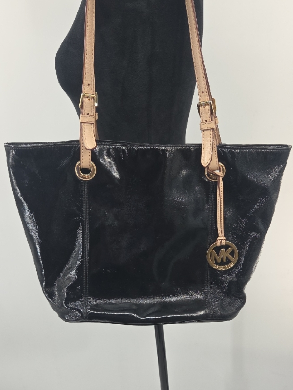 Michael Kors Black Patent Tote with Tan Straps and Gold MK Charm - Picture 15 of 16